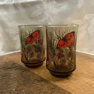 2 Libbey Juice  Glass Monarch Butterfly Wheat Pattern Amber Brown Vintage